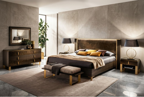 Ensemble de chambre Lit 2x Table de chevet Commode Lits Doubles Chambre d'Hôtel Rembourrage 6pcs.