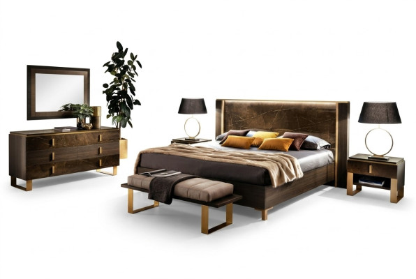 Ensemble de chambre Lit 2x Table de chevet Commode Lits Doubles Chambre d'Hôtel Rembourrage 6pcs.