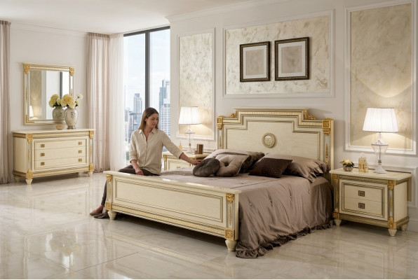 Lit 2x Table de chevet Conception Chambre Classique r 3 pièces. Ensemble de lits de luxe Meubles