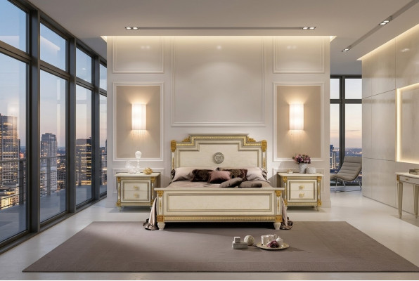 Lit + 2x table de chevet 3 pcs. Ensemble de chambre à coucher de designer de luxe Chambre baroque