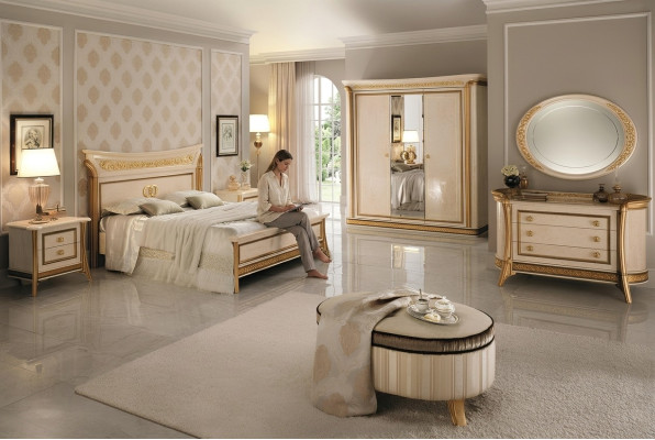 Chambre à coucher Ensemble de lit 2x Table de chevet Commode Tabouret arredoclassic 7 pièces.