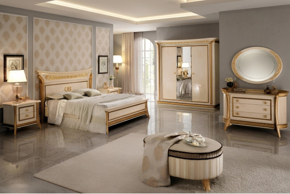 Chambre à coucher Ensemble de lit 2x Table de chevet Commode Tabouret arredoclassic 7 pièces.
