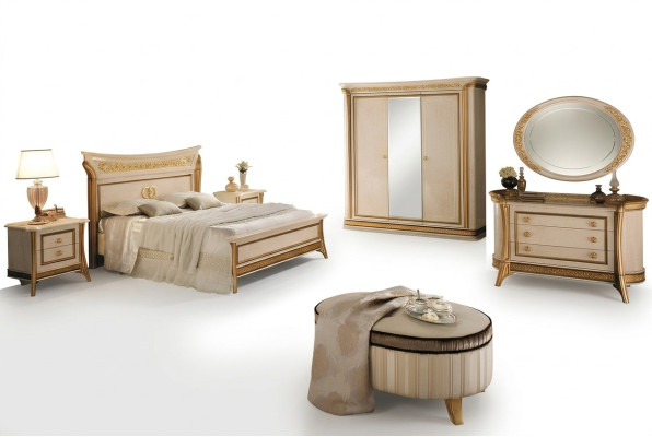 Chambre à coucher Ensemble de lit 2x Table de chevet Commode Tabouret arredoclassic 7 pièces.