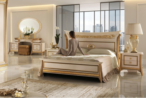 3 pièces Ensemble de chambre à coucher Lit 2x Table de chevet Console Lits doubles Hôtel Tapisserie
