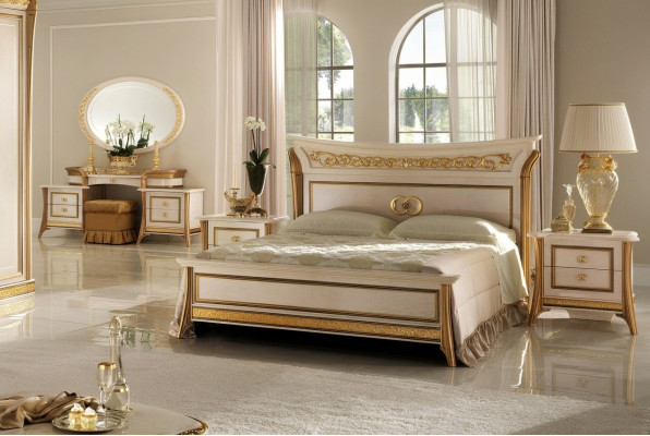3 pièces Ensemble de chambre à coucher Lit 2x Table de chevet Console Lits doubles Hôtel Tapisserie