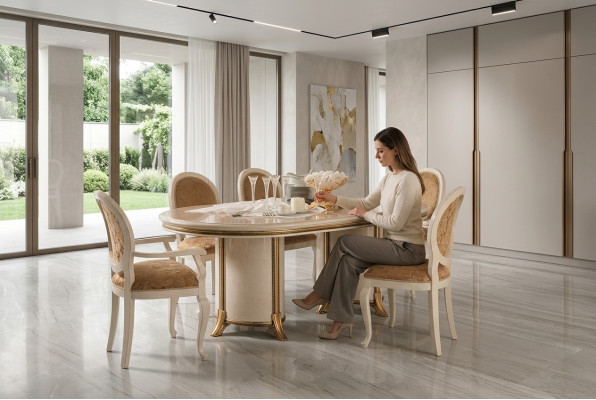 Ensemble de salle à manger italienne comprenant une chaise, une table à manger et un groupe de 7 pièces. arredoclassic