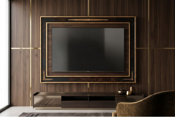 Revêtement de panneau mural TV en bois Baroque Meuble TV de luxe pour salon.