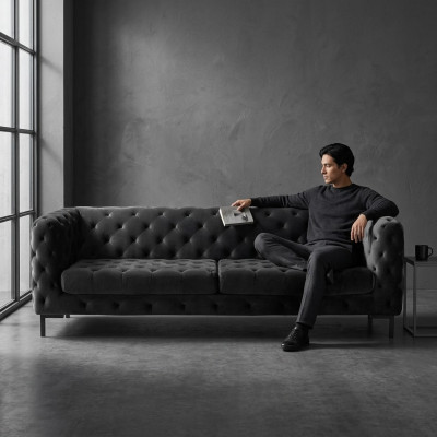Concepteur Canapé Noir Trois Places style Chesterfield moderne trois places