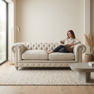Canapé Chesterfield 3 places en tissu blanc de luxe