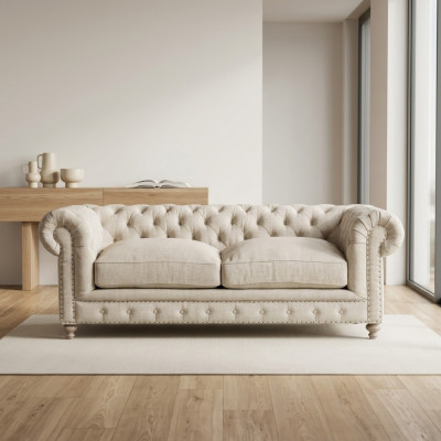 Canapé Chesterfield 3 places en tissu blanc de luxe