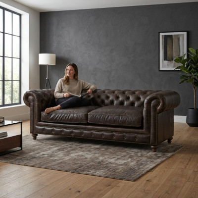 Moderne canapé de luxe noir Chesterfield trois places pour le salon.