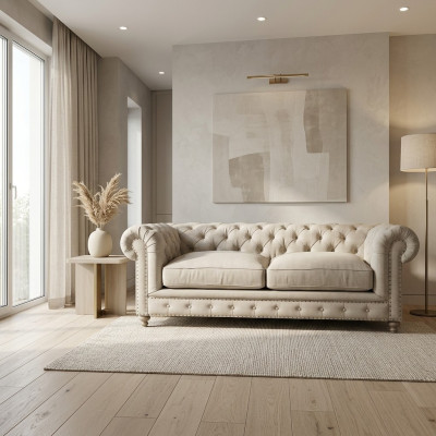 Canapé de luxe White Chesterfield trois places moderne pour salon de trois places
