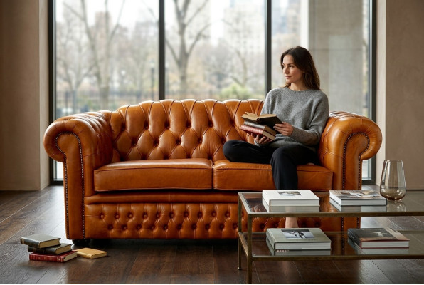 Canapé Chesterfield en tissu d'ameublement en cuir Marron 3 places