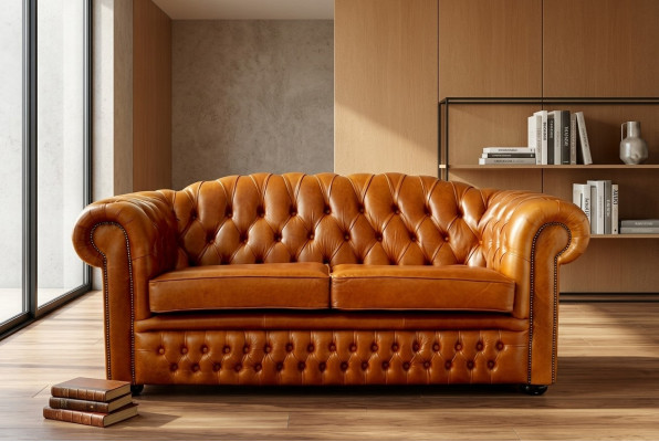 Canapé Chesterfield en tissu d'ameublement en cuir Marron 3 places