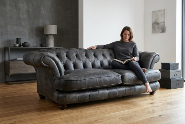 Canapé Chesterfield Big Xxl % Cuir Noir 3 Places Style Vintage