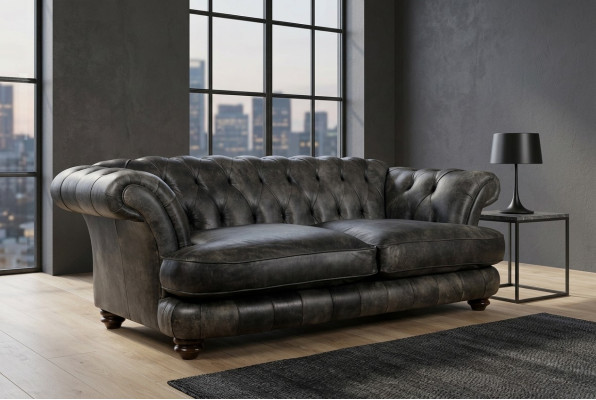 Canapé Chesterfield Big Xxl % Cuir Noir 3 Places Style Vintage