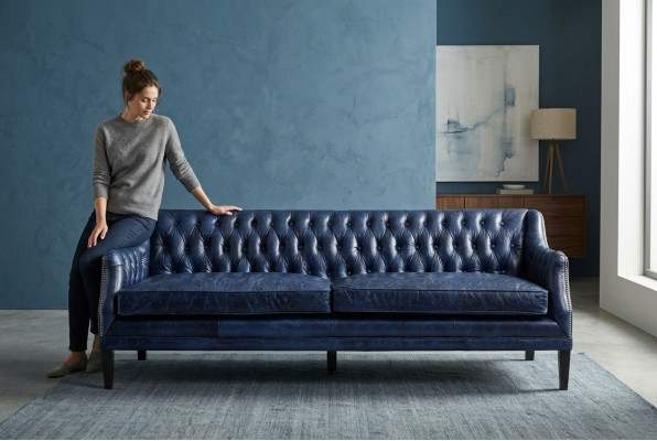 Canapé Chesterfield bleu en tissu d'ameublement en cuir Canapé Suite 4 places neuf