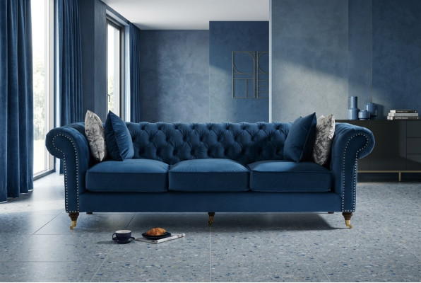 Canapé Chesterfield bleu de luxe pour salon en tissu