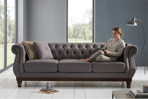 Canapé Chesterfield gris en tissu pour canapé, canapé en tissu designer 3 places