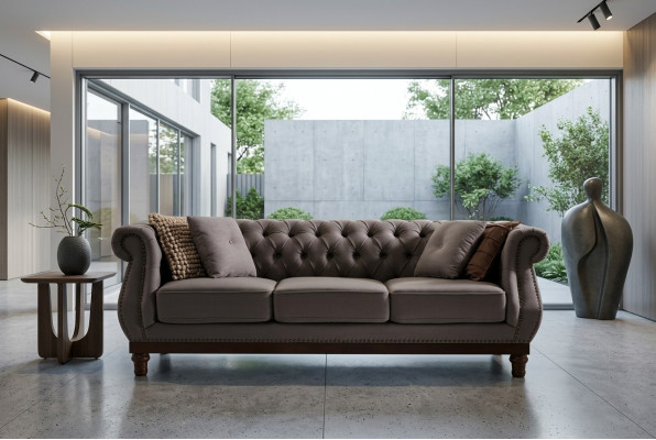 Canapé Chesterfield gris en tissu pour canapé, canapé en tissu designer 3 places