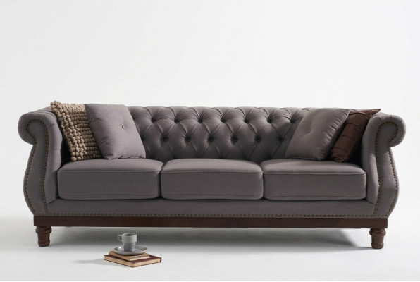 Canapé Chesterfield gris en tissu pour canapé, canapé en tissu designer 3 places