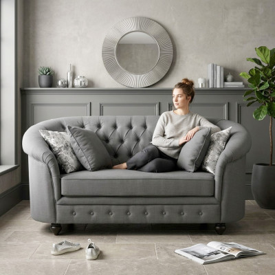 Canapé en textile classique - Canapé 2 places en tissu gris Chesterfield neuf jvmoebel ®