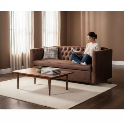 Canapé Chesterfield style américain en cuir brun, trois places.