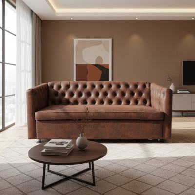 Canapé Chesterfield style américain en cuir brun, trois places.