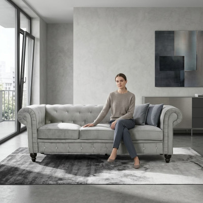 Canapé de salon de luxe 3 places Chesterfield gris.
