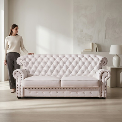 Canapé Chesterfield trois places blanc à dossier haut en cuir véritable fait à la main