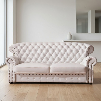 Canapé Chesterfield trois places blanc à dossier haut en cuir véritable fait à la main