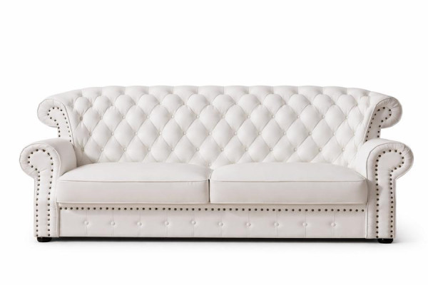 Canapé Chesterfield trois places blanc à dossier haut en cuir véritable fait à la main