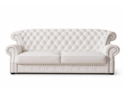 Canapé Chesterfield trois places blanc à dossier haut en cuir véritable fait à la main