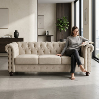 Canapé Chesterfield en tissu d'ameublement, en cuir, ensemble de coussins de canapé 3 places