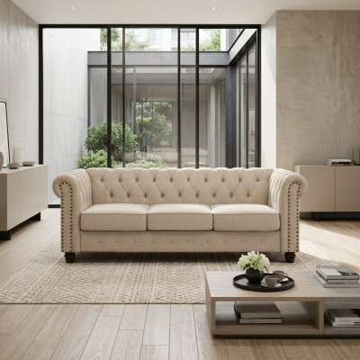Canapé Chesterfield en tissu d'ameublement, en cuir, ensemble de coussins de canapé 3 places