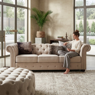 Mobilier de style maison de campagne - Ensemble de 3+2 sièges en tissu pour canapé Chesterfield