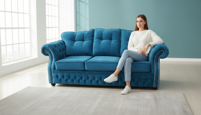 Tissu d'ameublement Chesterfield en bleu pour trois places de canapé design de salon