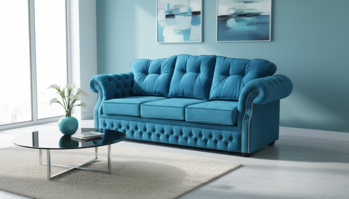 Tissu d'ameublement Chesterfield en bleu pour trois places de canapé design de salon