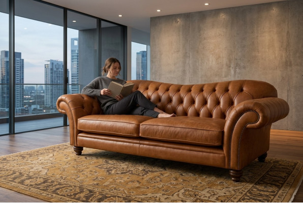 Canapé trois places Chesterfield marron de luxe pour salon