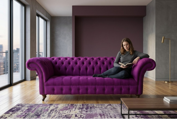 Chesterfield 3 places Classique Luxe Sofa Canapé en tissu violet rose rose