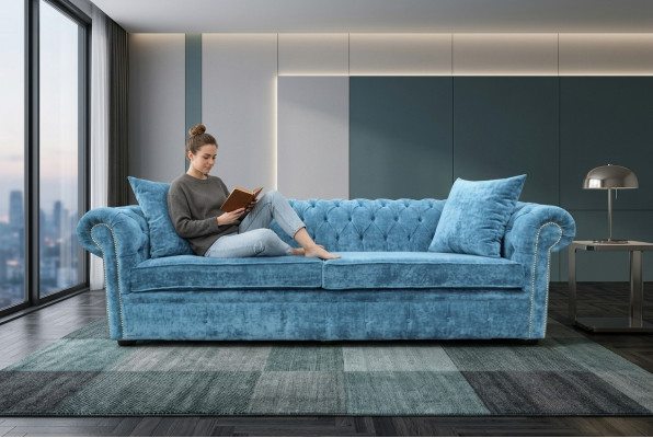 Sofa classique pour salon - Canapé Chesterfield en tissu bleu 3 places jvmoebel ®