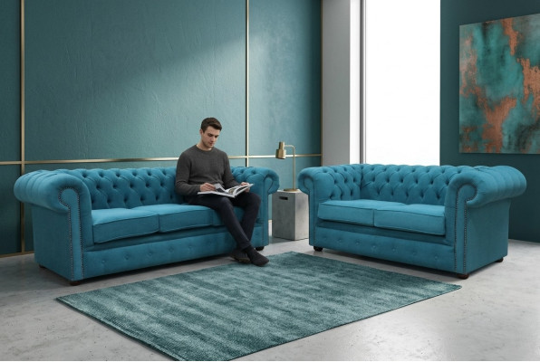 Ensemble de canapé 3 places + 2 places Canapé de luxe classique Chesterfield en textile et cuir