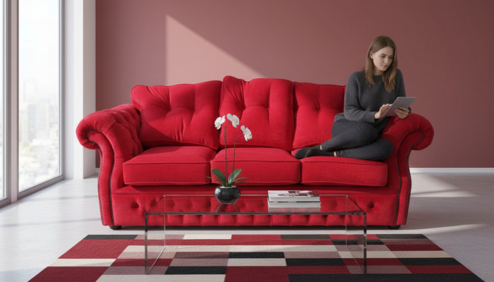 Tissu d'ameublement en Chesterfield rouge Trois places Design de canapé de salon
