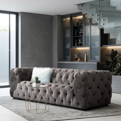 Canapé 3 places Chesterfield gris rembourré de style meublé