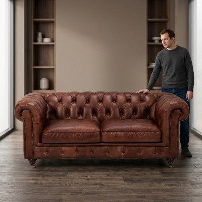 Chesterfield 2 places Classique Luxe Baroque Rococo Canapé Marron Cuir Neuf