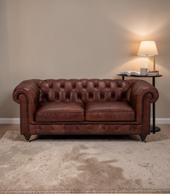 Chesterfield 2 places Classique Luxe Baroque Rococo Canapé Marron Cuir Neuf