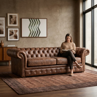 Canapé baroque de luxe classique 3 places Chesterfield marron en textile et cuir