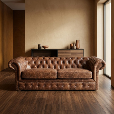 Canapé baroque de luxe classique 3 places Chesterfield marron en textile et cuir