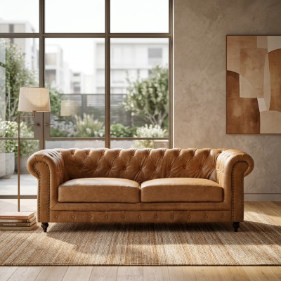 Chesterfield 3 places canapés classique de luxe baroque rococo en textile et cuir.