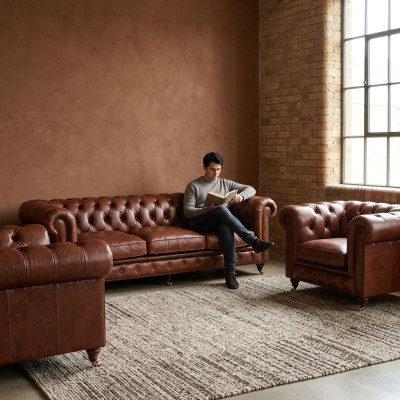 Ensemble de canapés 3+1+1 places, Canapé Chesterfield en cuir de luxe classique